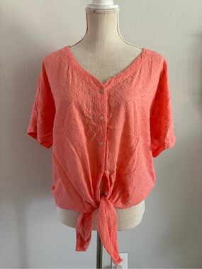 Style & Co. Coral Tie-Front Eyelet Blouse